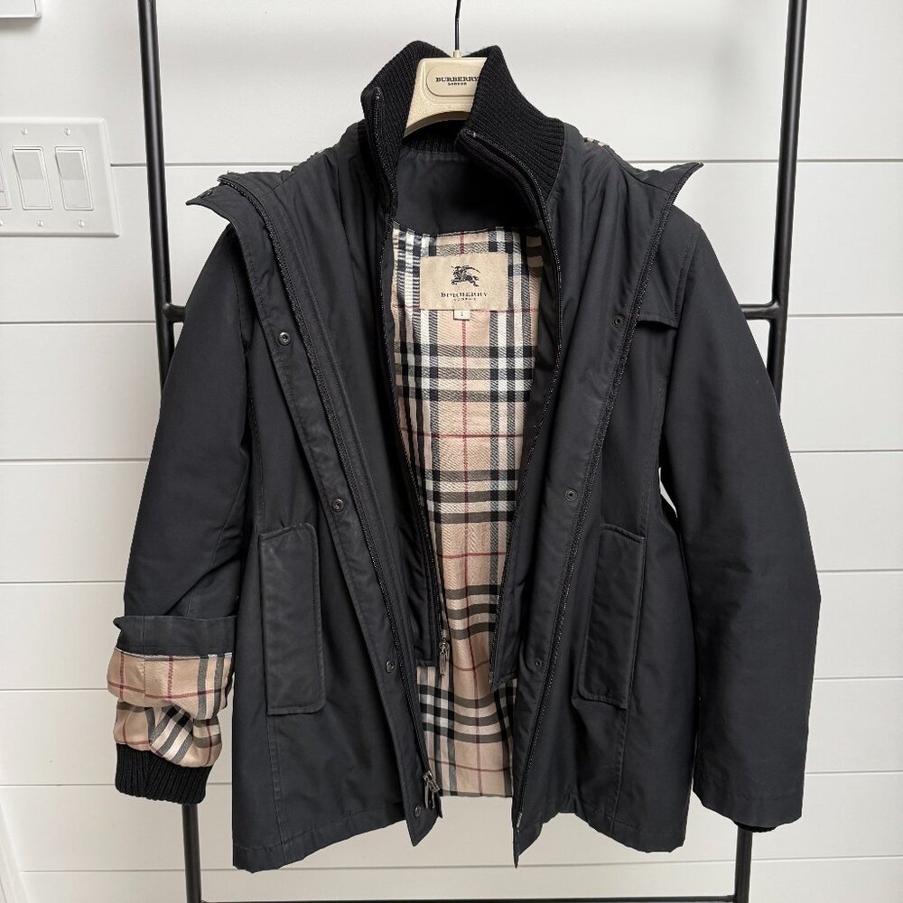 BURBERRY Size S- Middle Weight Jacket with Hood Black/Classic Plaid (Vest Front)
